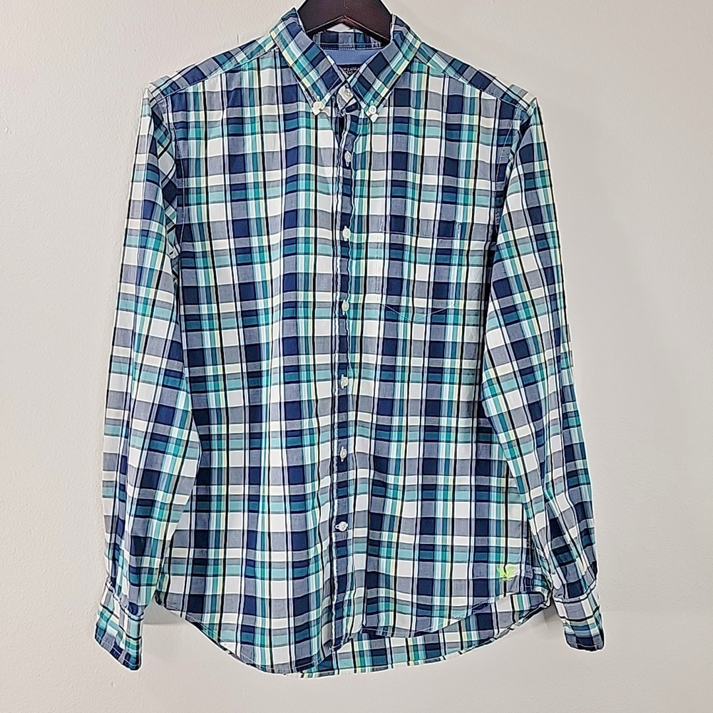 American Eagle Men’s Plaid Shirt Medium Long Sleeve‎ Button Down Cotton Logo
